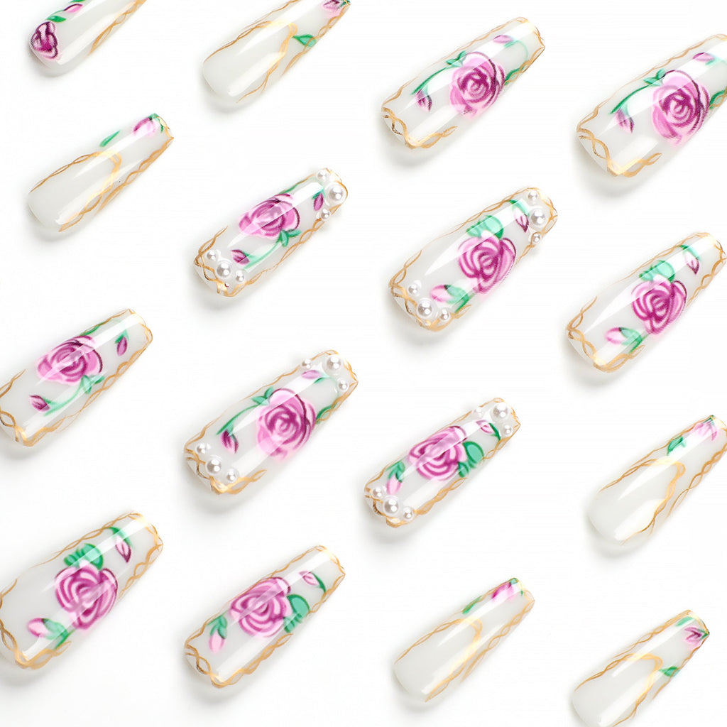 24 PCS LONG COFFIN FLOWERS PRESS ON NAILS