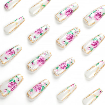 24 PCS LONG COFFIN FLOWERS PRESS ON NAILS