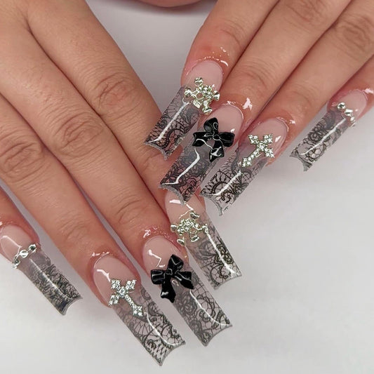 24 PCS LONG COFFIN BLACK CRYSTAL PRESS ON NAILS