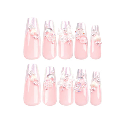 24 PCS LONG COFFIN CUTE BOW PRESS ON NAILS
