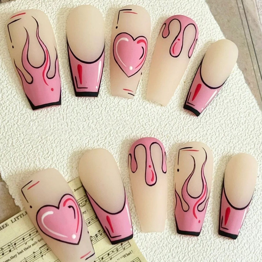 FIERY HEART - TEN PIECES OF HANDCRAFTED PRESS ON NAIL