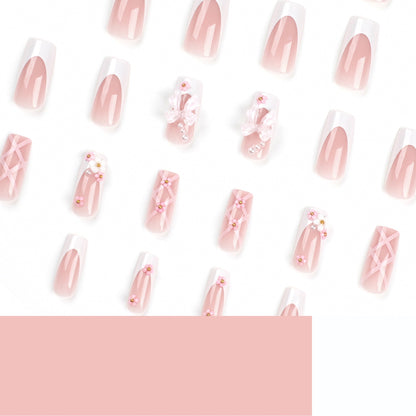 24 PCS LONG SQUARE PINK BOW PRESS ON NAILS