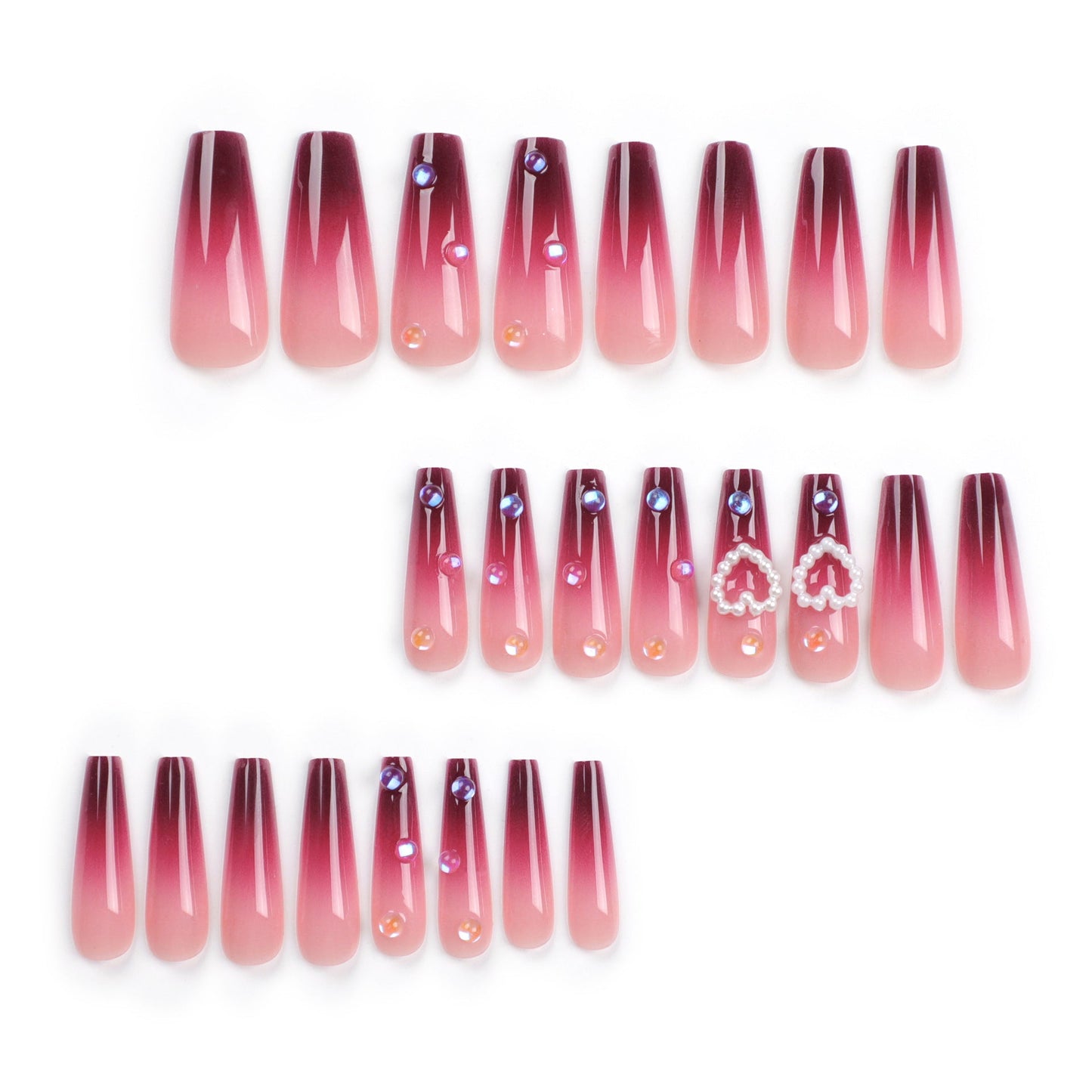 24 PCS LONG COFFIN PEARL HEART PRESS ON NAILS