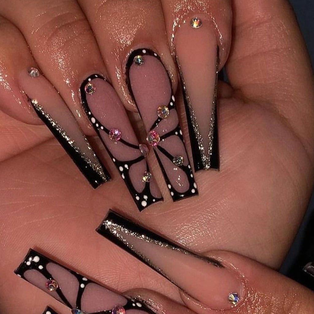 24 PCS LONG COFFIN BUTTERFLY PRESS ON NAILS