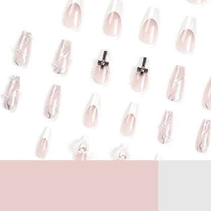 24 PCS LONG COFFIN PEARL CROSS PRESS ON NAILS