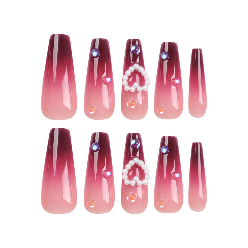 24 PCS LONG COFFIN PEARL HEART PRESS ON NAILS