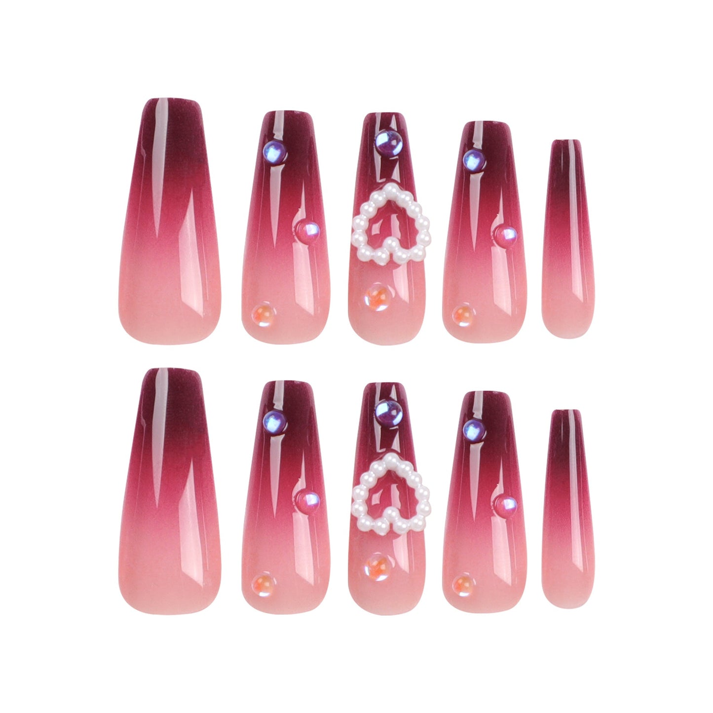 24 PCS LONG COFFIN PEARL HEART PRESS ON NAILS