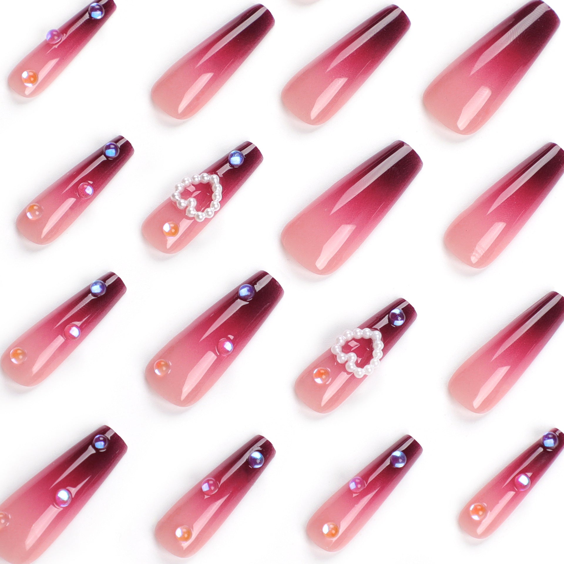 24 PCS LONG COFFIN PEARL HEART PRESS ON NAILS