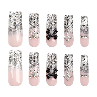 24 PCS LONG COFFIN BLACK CRYSTAL PRESS ON NAILS