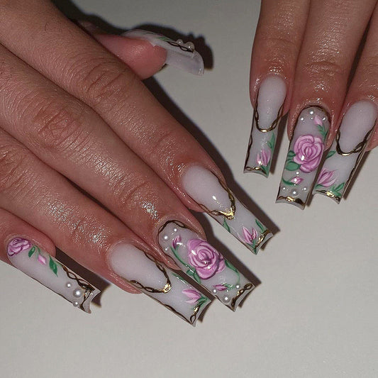 24 PCS LONG COFFIN FLOWERS PRESS ON NAILS