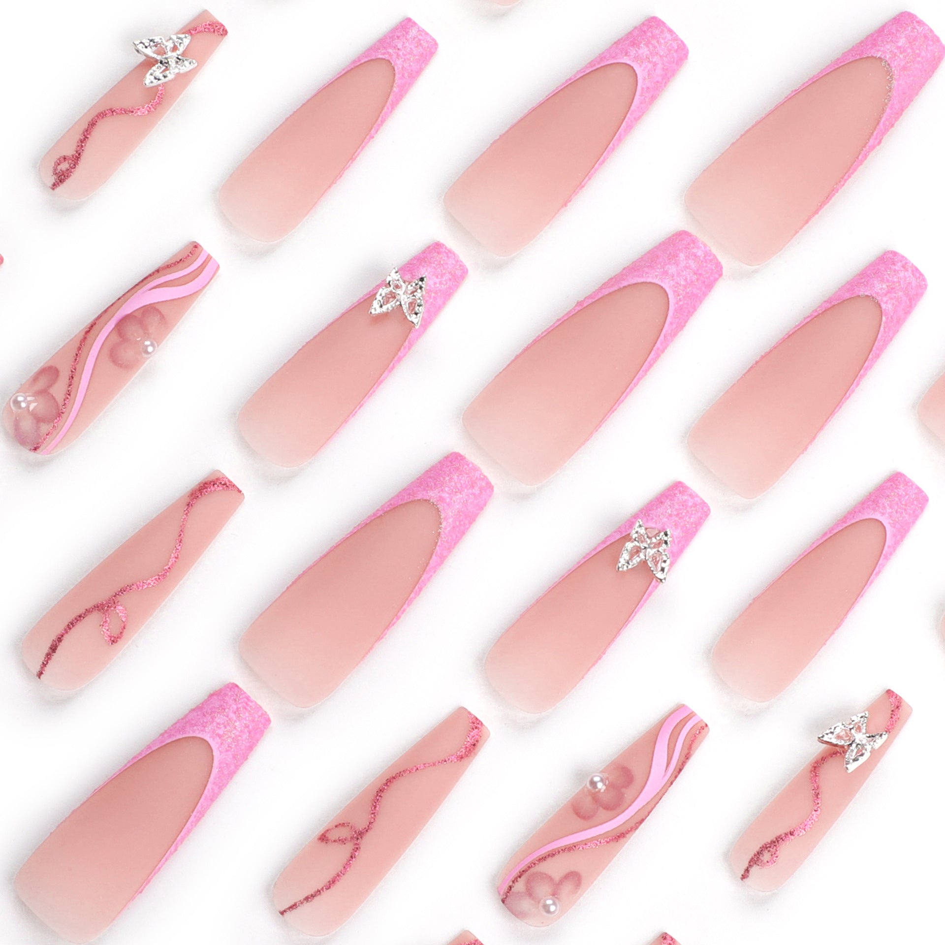 24 PCS LONG COFFIN BUTTERFLY PRESS ON NAILS