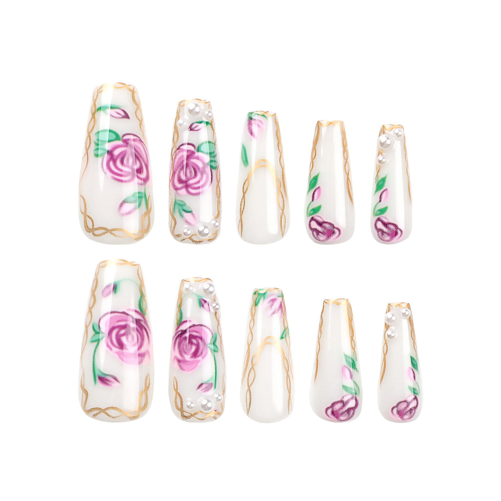 24 PCS LONG COFFIN FLOWERS PRESS ON NAILS