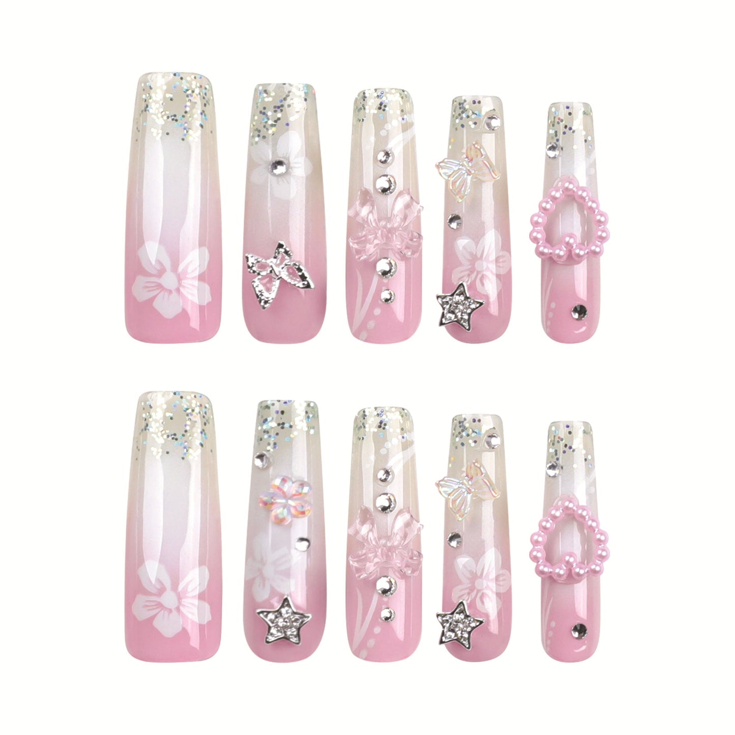 24PCS LONG COFFIN BUTTERFLY NAILS