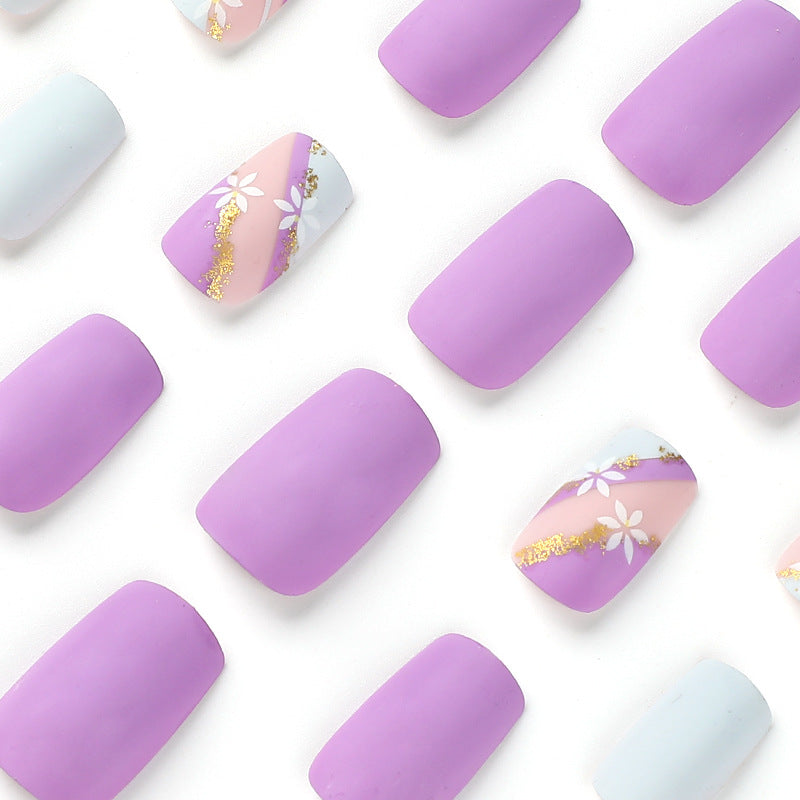 24 PCS MEDIUM SQUARE PURPLE FLOWERS PRESS ON NAILS