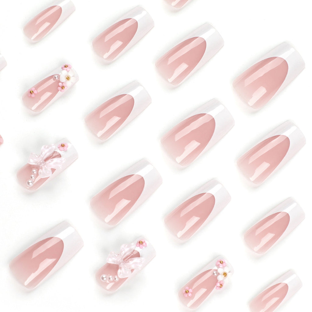 24 PCS LONG SQUARE PINK BOW PRESS ON NAILS