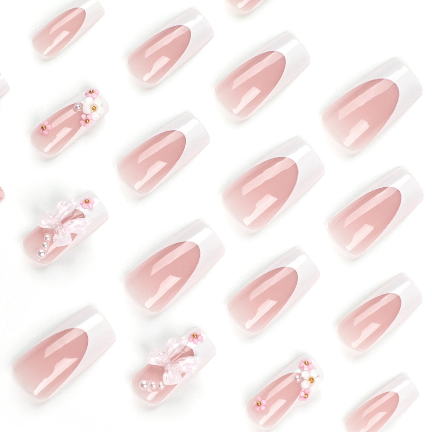 24 PCS LONG SQUARE PINK BOW PRESS ON NAILS