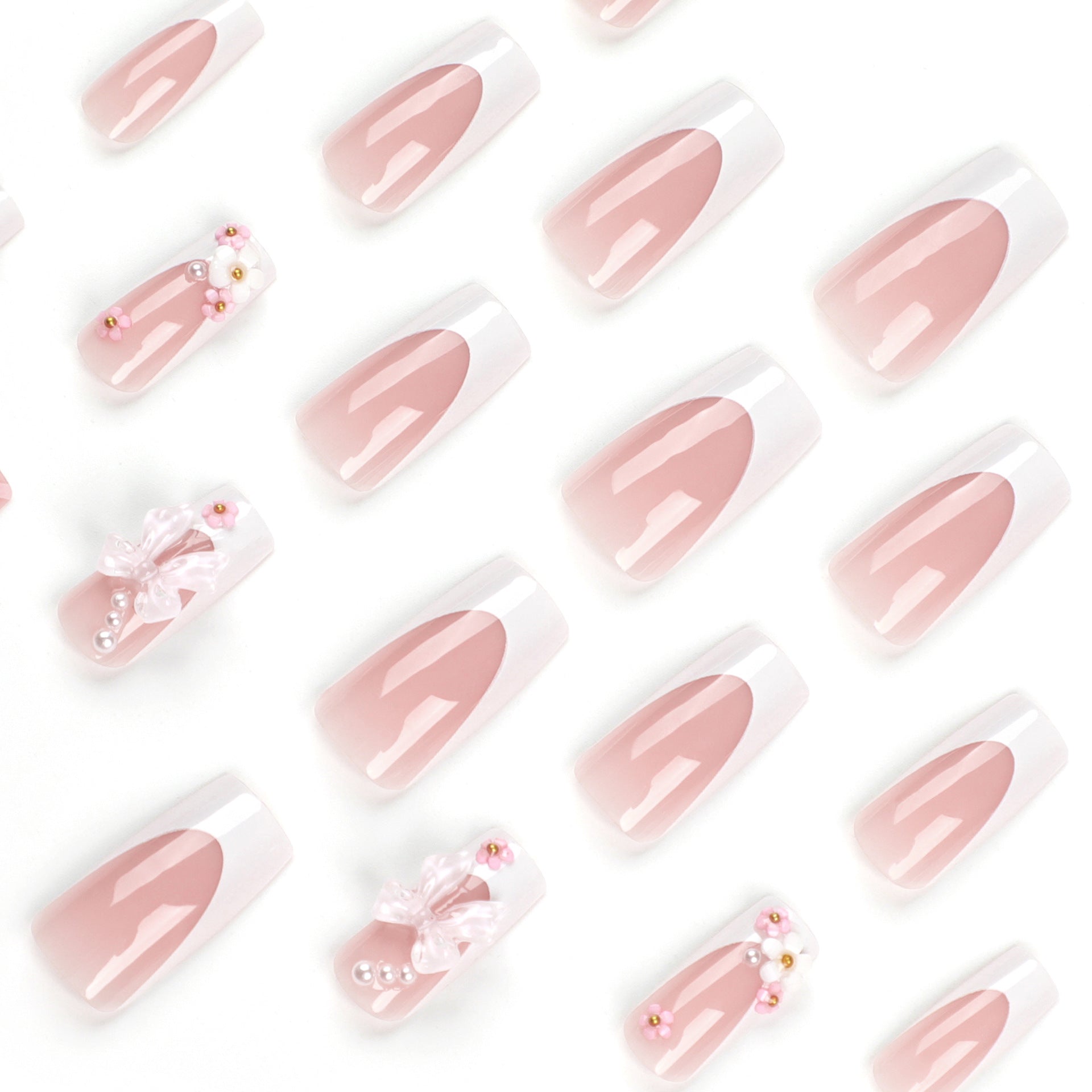 24 PCS LONG SQUARE PINK BOW PRESS ON NAILS