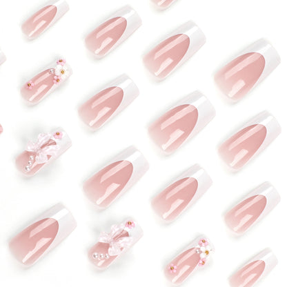 24 PCS LONG SQUARE PINK BOW PRESS ON NAILS