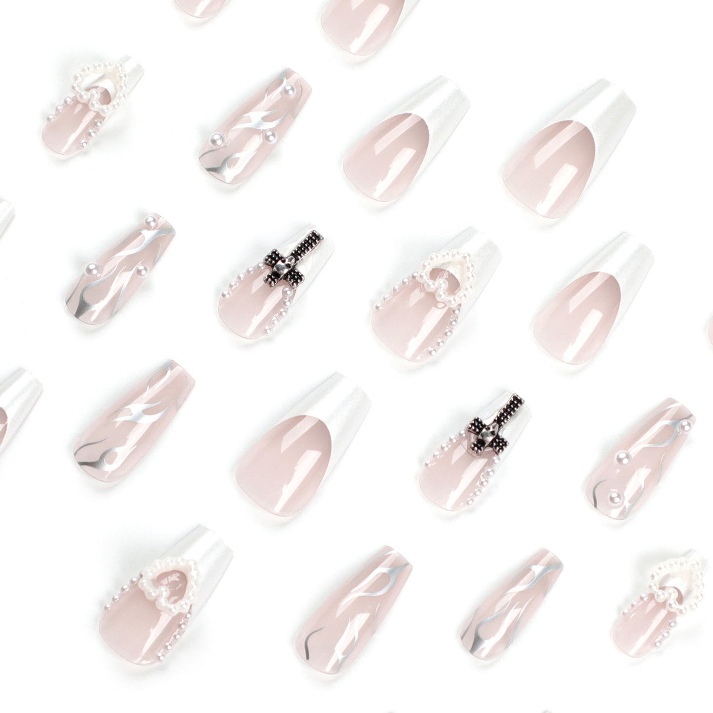 24 PCS LONG COFFIN PEARL CROSS PRESS ON NAILS
