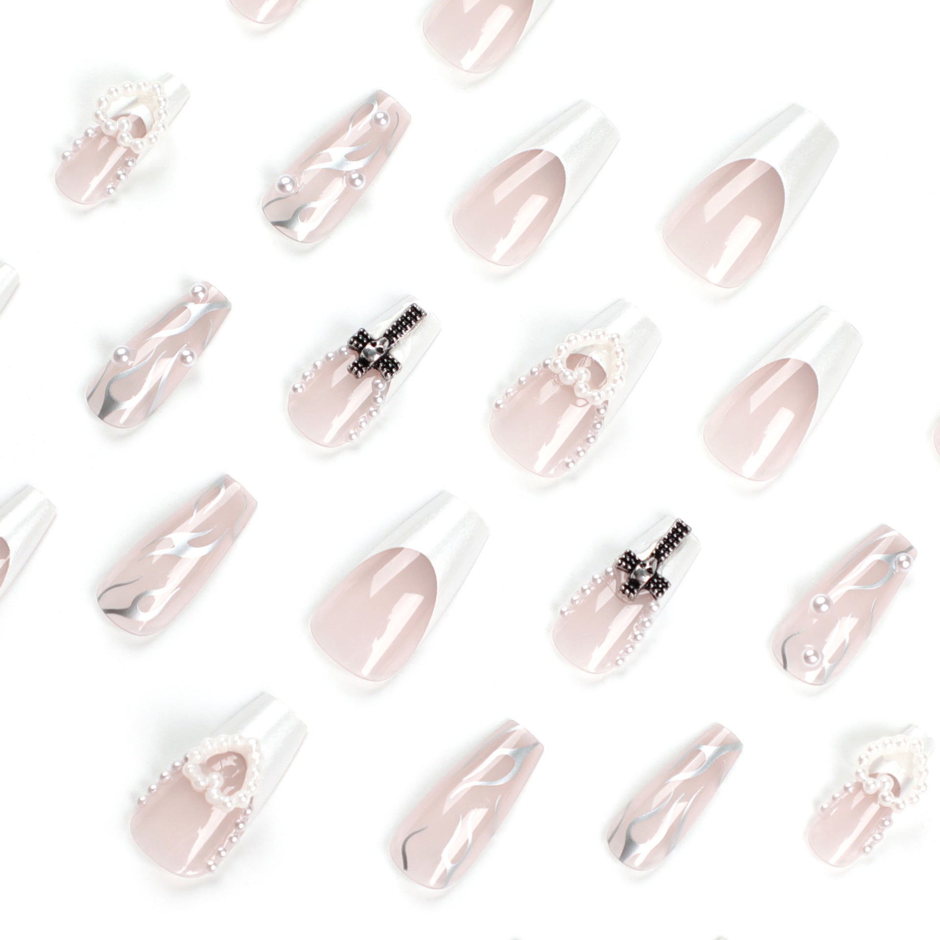 24 PCS LONG COFFIN PEARL CROSS PRESS ON NAILS