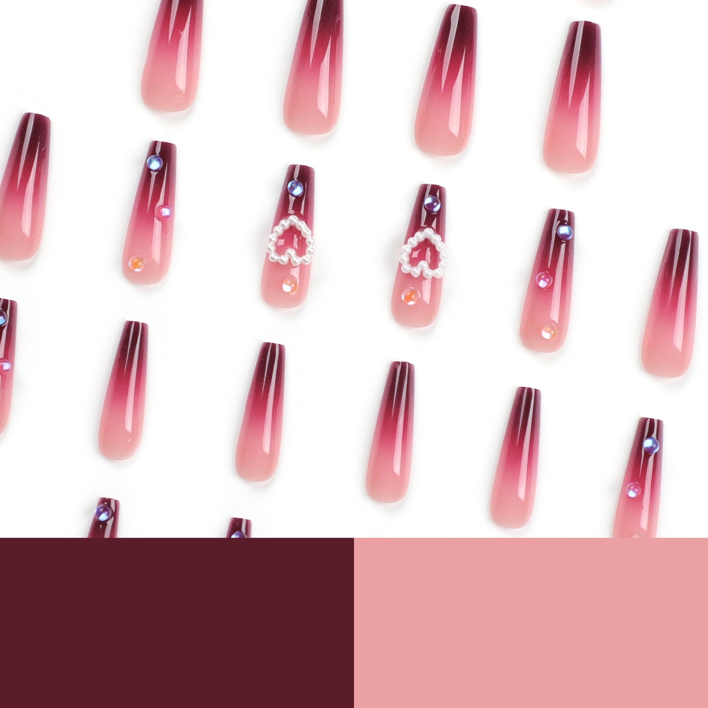 24 PCS LONG COFFIN PEARL HEART PRESS ON NAILS