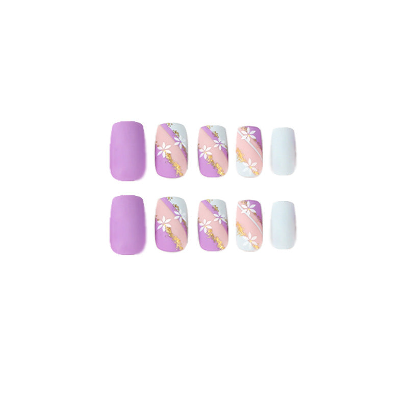 24 PCS MEDIUM SQUARE PURPLE FLOWERS PRESS ON NAILS